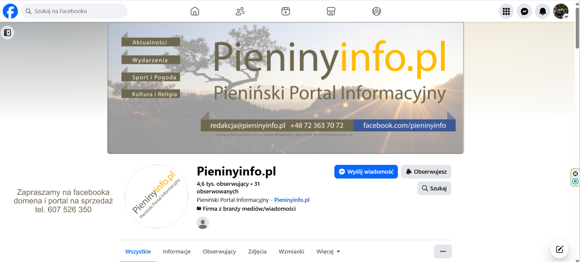 Zapraszamy na facebook.com/pieninyinfo